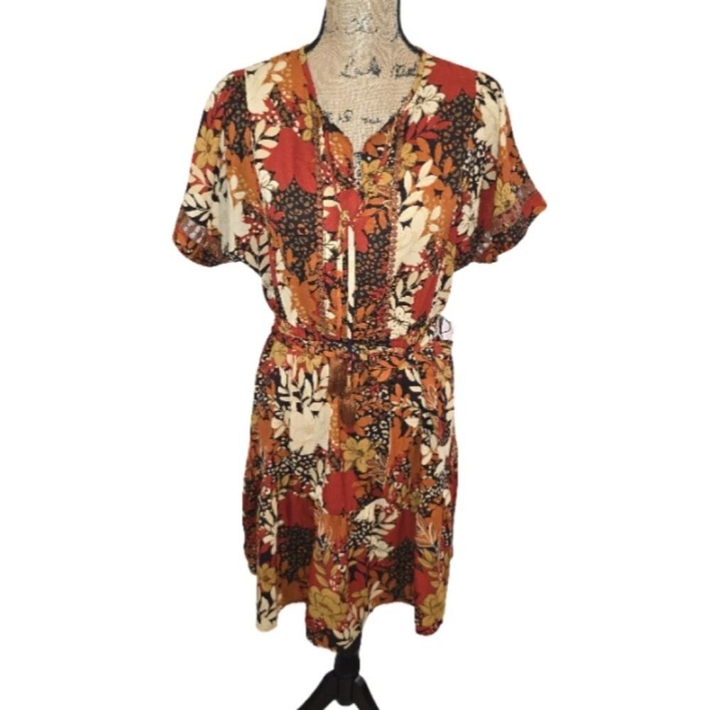 Harlow & Rose Boho Floral Print Tie Neck Dress Women's Size S Orange Brown